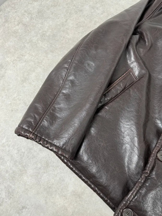 2000s Armani Buttoned Faux Leather Collar Brown Jacket JDkITbX 6