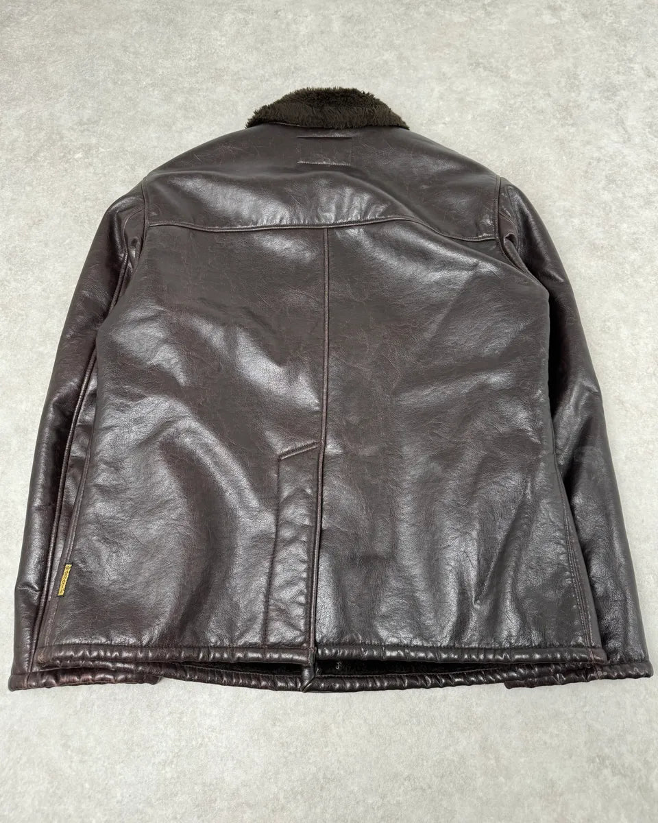 2000s Armani Buttoned Faux Leather Collar Brown Jacket JDkITbX 7