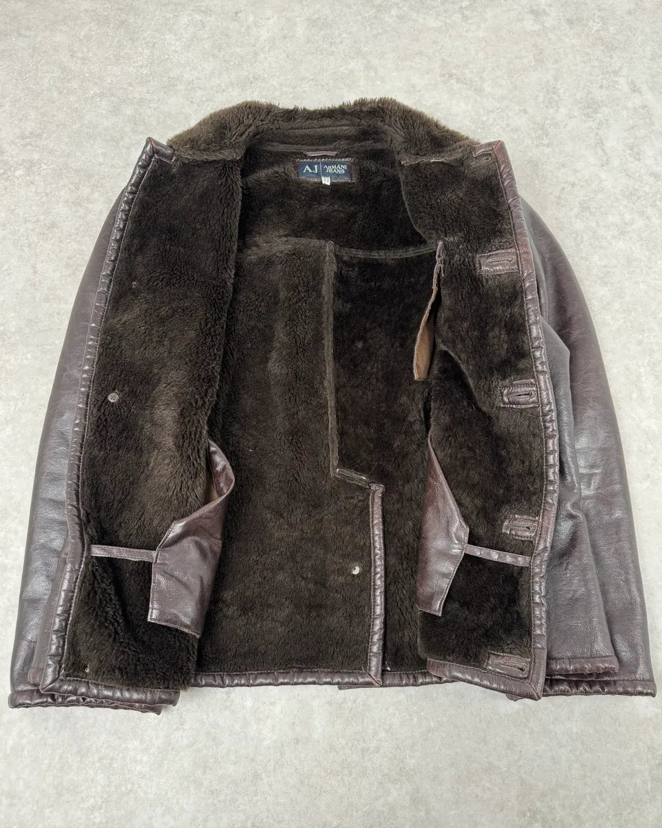 2000s Armani Buttoned Faux Leather Collar Brown Jacket JDkITbX 8