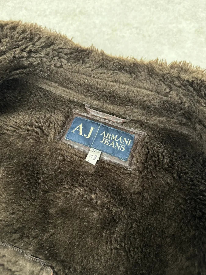 2000s Armani Buttoned Faux Leather Collar Brown Jacket JDkITbX 9