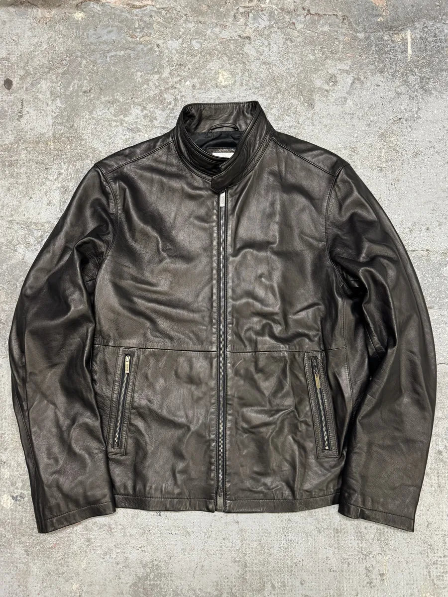 2000s Armani Collezioni Agent Minimalist Black Leather Jacket QggaFRO 0