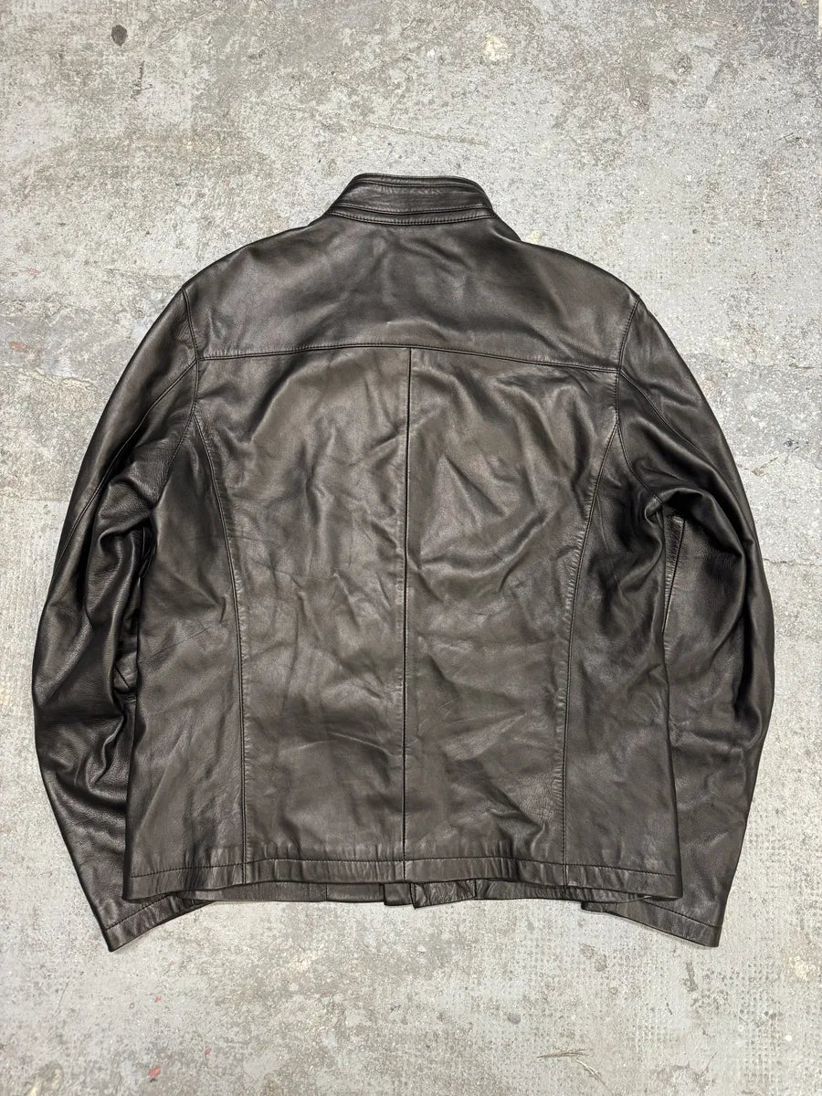 2000s Armani Collezioni Agent Minimalist Black Leather Jacket QggaFRO 1