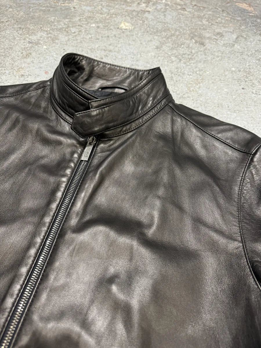 2000s Armani Collezioni Agent Minimalist Black Leather Jacket QggaFRO 6