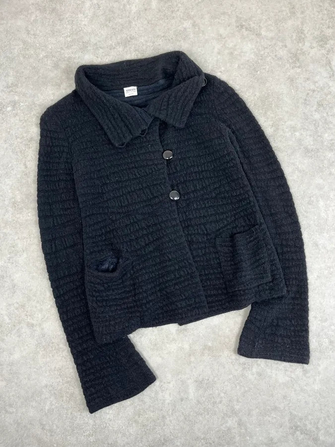 2000s Armani Collezioni Black Asymmetrical Pleats Officer Cardigan Jacket JlANIMX 3