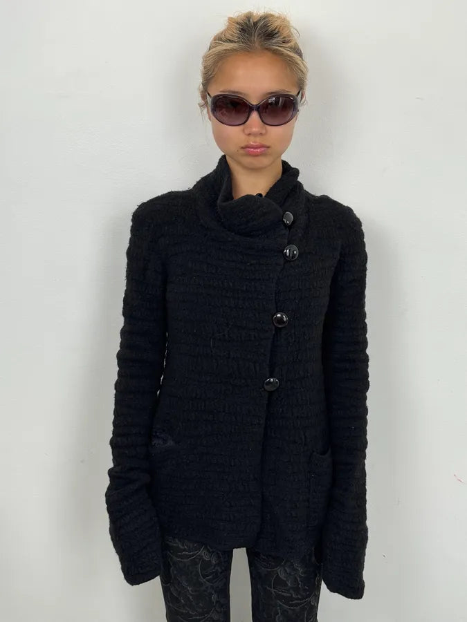 2000s Armani Collezioni Black Asymmetrical Pleats Officer Cardigan Jacket JlANIMX 1