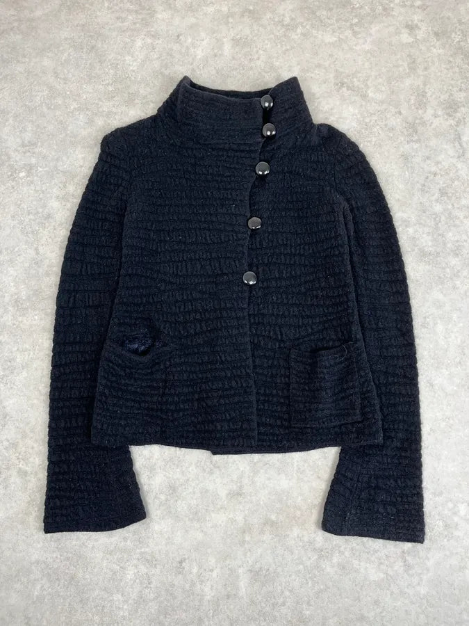 2000s Armani Collezioni Black Asymmetrical Pleats Officer Cardigan Jacket JlANIMX 0