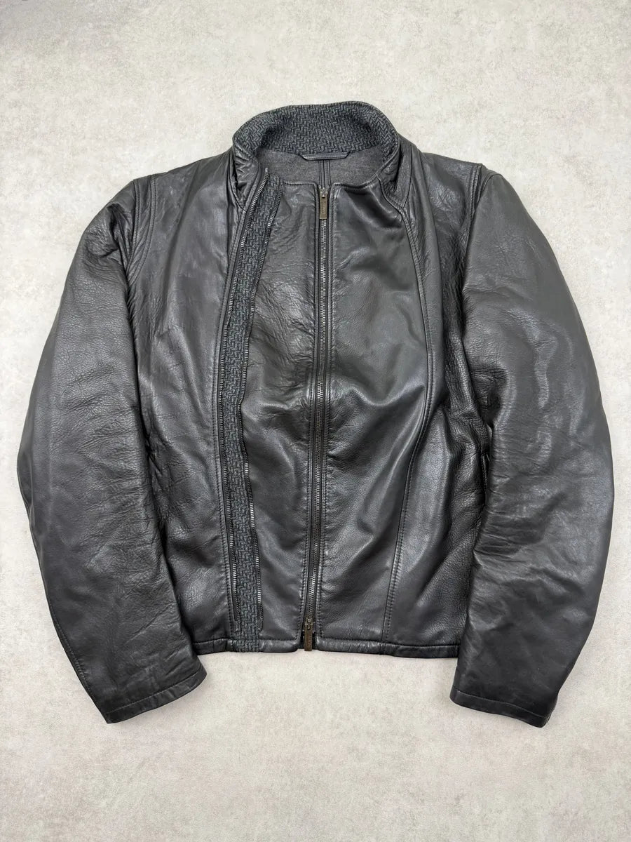2000s Armani Collezioni Black Asymmetrical Zip Leather Jacket hLnMzEp 0