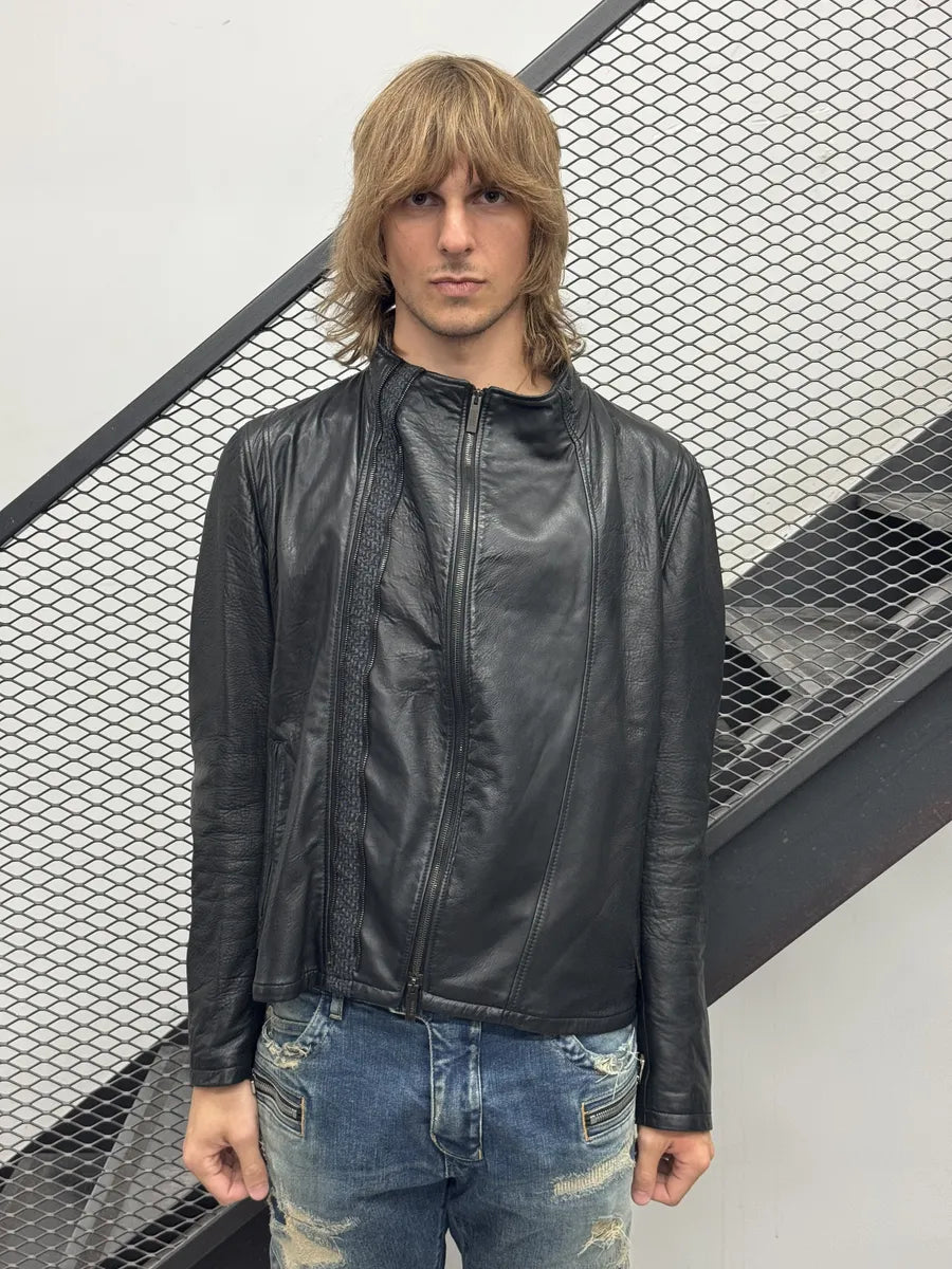 2000s Armani Collezioni Black Asymmetrical Zip Leather Jacket hLnMzEp 1