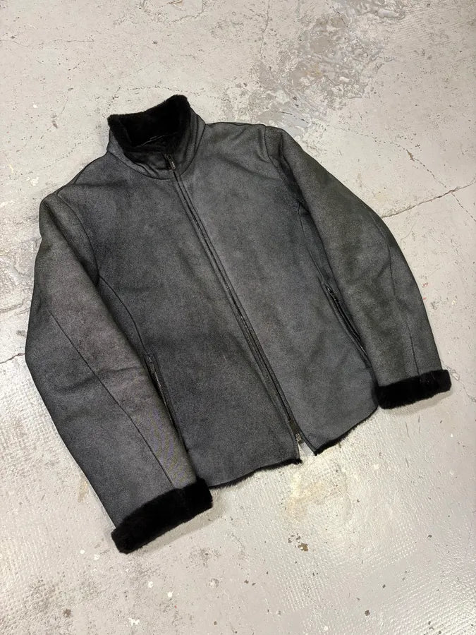 2000s Armani Collezioni Black Shearling Premium Leather Jacket xIquCft 3