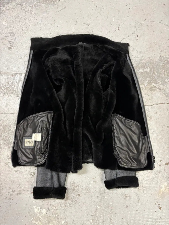 2000s Armani Collezioni Black Shearling Premium Leather Jacket xIquCft 6