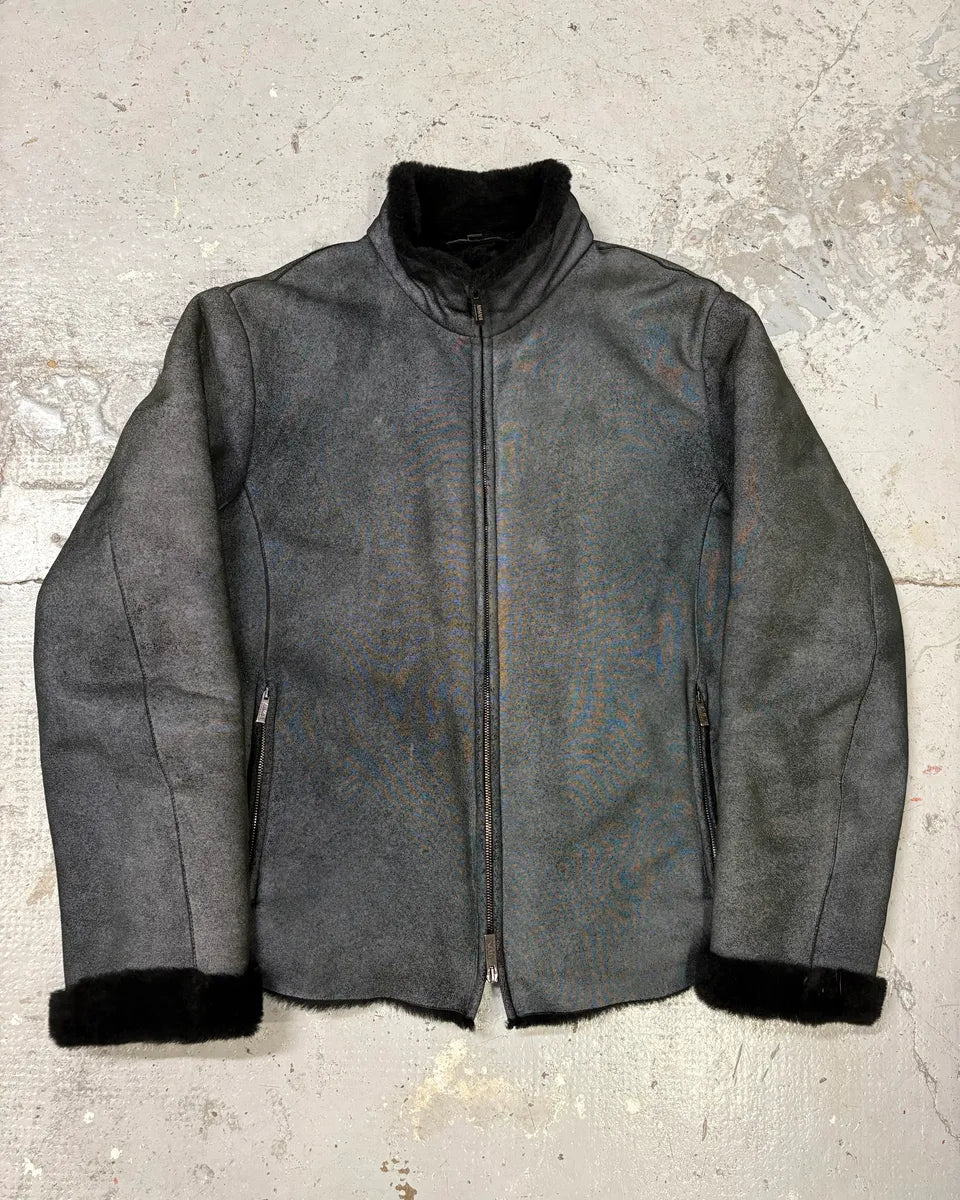 2000s Armani Collezioni Black Shearling Premium Leather Jacket xIquCft 0