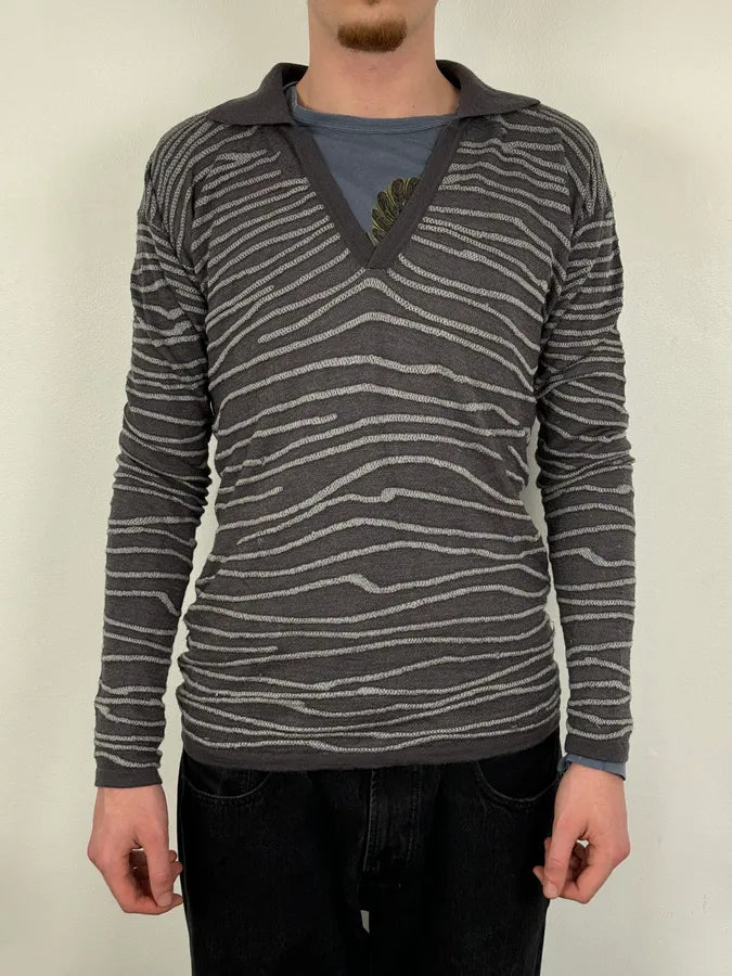 2000s Armani Collezioni Grey Savage V Neck Polo Longsleeves apunLBt 1