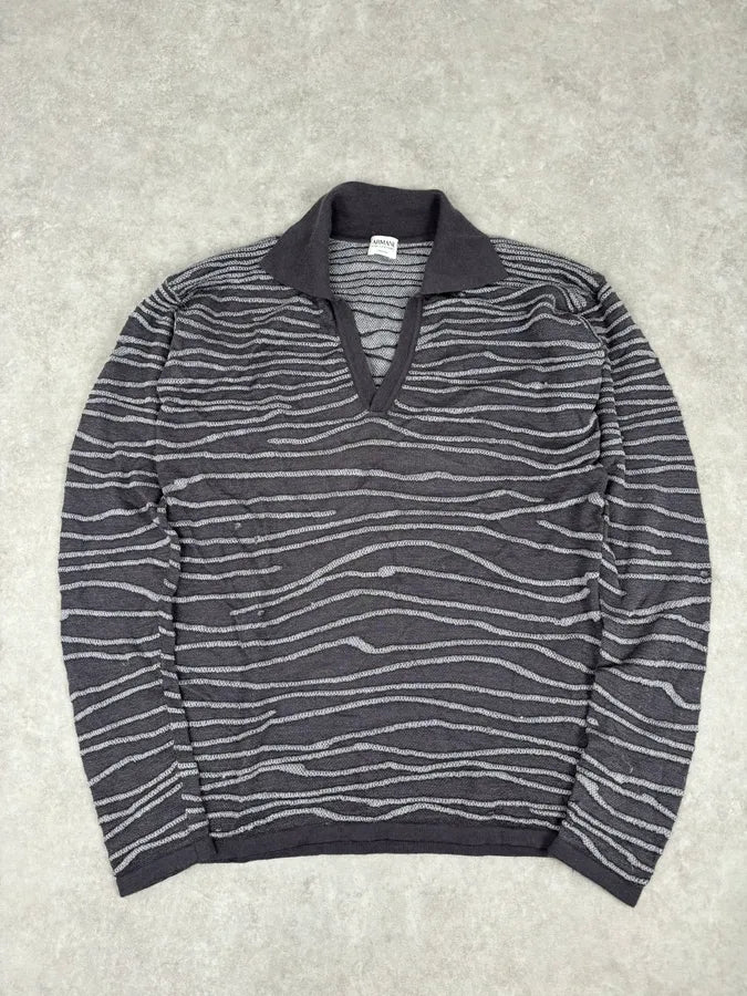 2000s Armani Collezioni Grey Savage V Neck Polo Longsleeves apunLBt 0