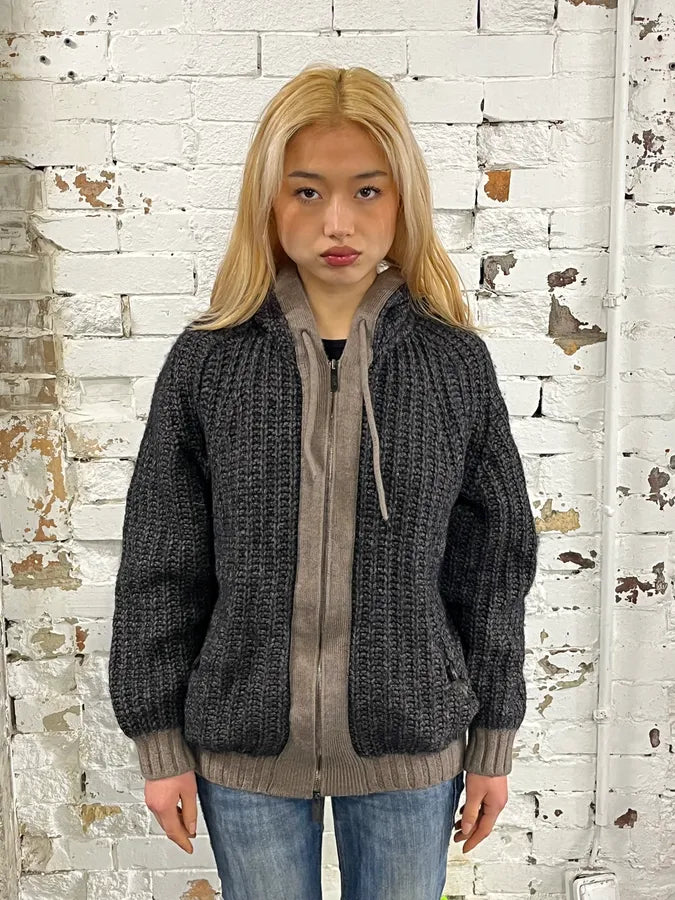 2000s Armani Collezioni Grey Wool Hooded Hybrid Sweater PmIxfqJ 1