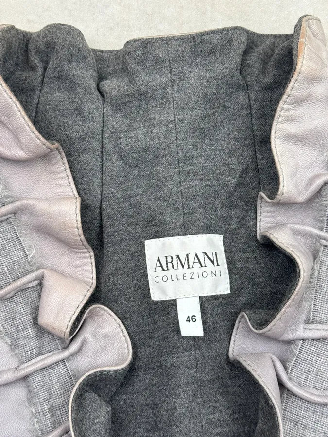 2000s Armani Collezioni Taupe Leather Ruffle Jacket LcqdPRh 8