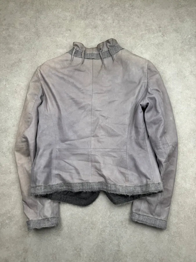 2000s Armani Collezioni Taupe Leather Ruffle Jacket LcqdPRh 5