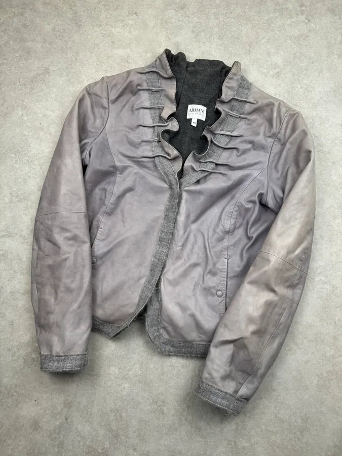 2000s Armani Collezioni Taupe Leather Ruffle Jacket LcqdPRh 3
