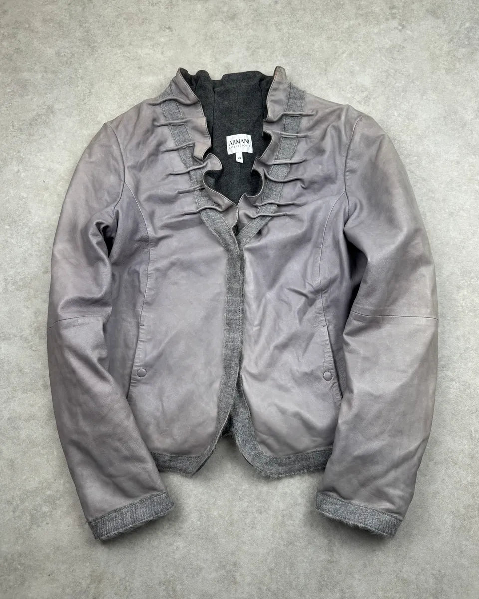 2000s Armani Collezioni Taupe Leather Ruffle Jacket LcqdPRh 0