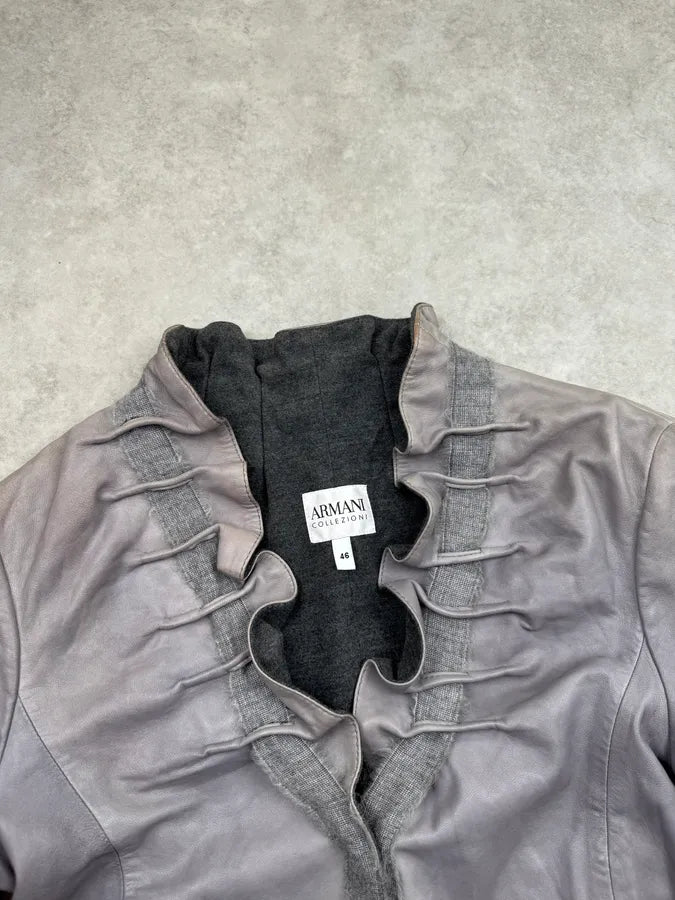 2000s Armani Collezioni Taupe Leather Ruffle Jacket LcqdPRh 4
