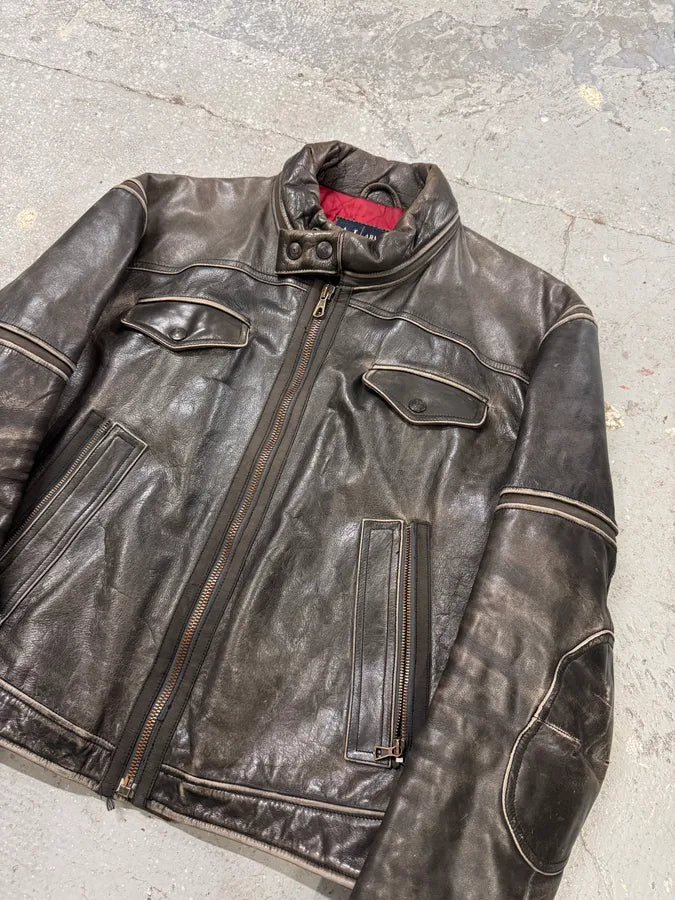 2000s Armani Crab Brown Grey Aged Leather Jacket PmOFoyi 1