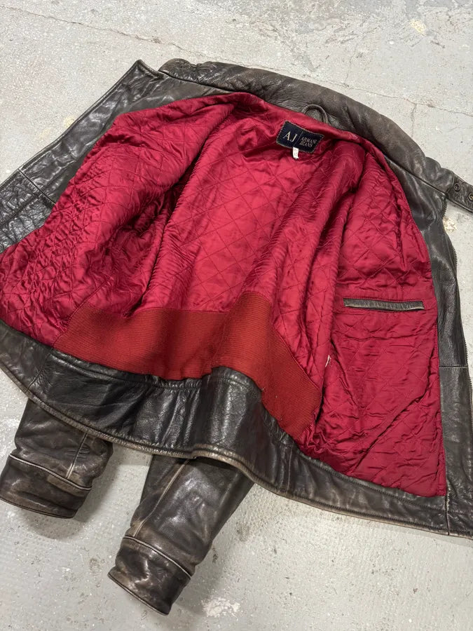 2000s Armani Crab Brown Grey Aged Leather Jacket PmOFoyi 10