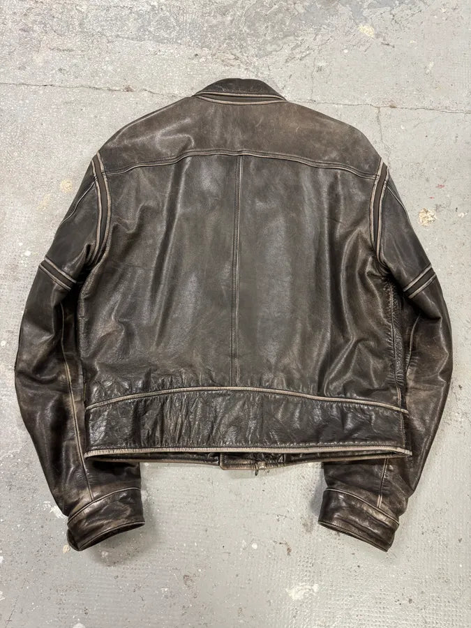 2000s Armani Crab Brown Grey Aged Leather Jacket PmOFoyi 3