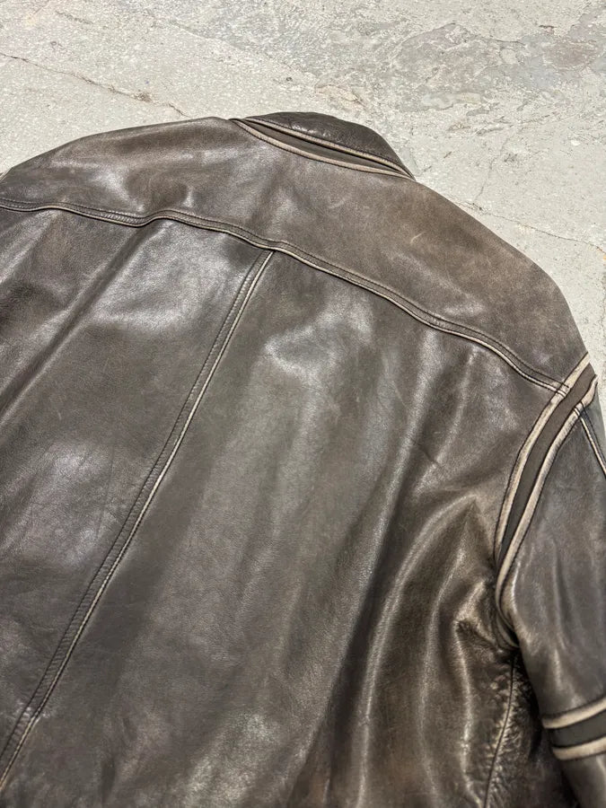 2000s Armani Crab Brown Grey Aged Leather Jacket PmOFoyi 6