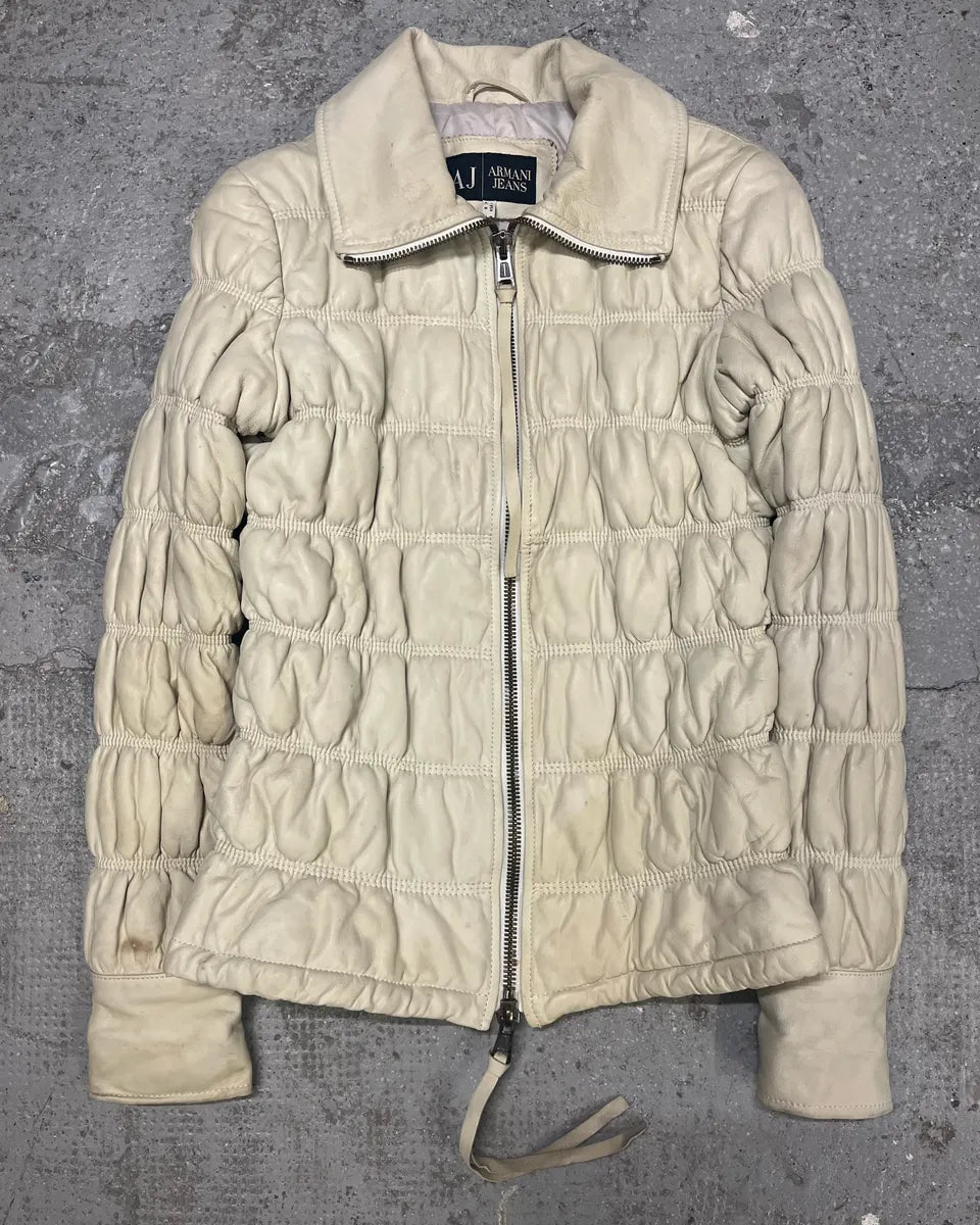 2000s Armani Creamy Leather Puffer Jacket (S/M) 0