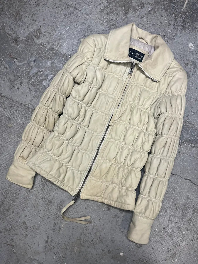 2000s Armani Creamy Leather Puffer Jacket (S/M) 1
