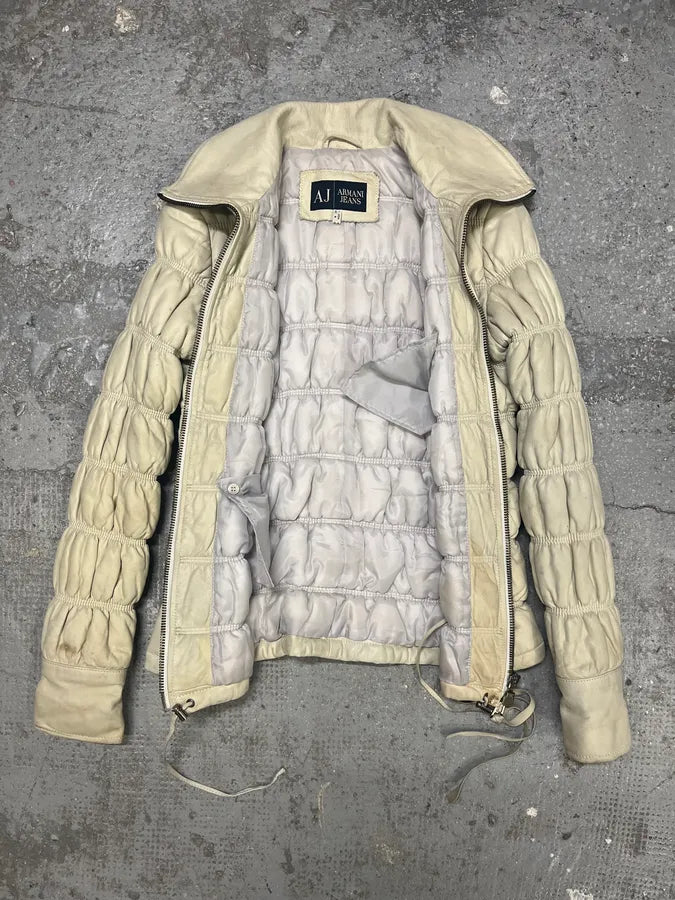 2000s Armani Creamy Leather Puffer Jacket (S/M) 2