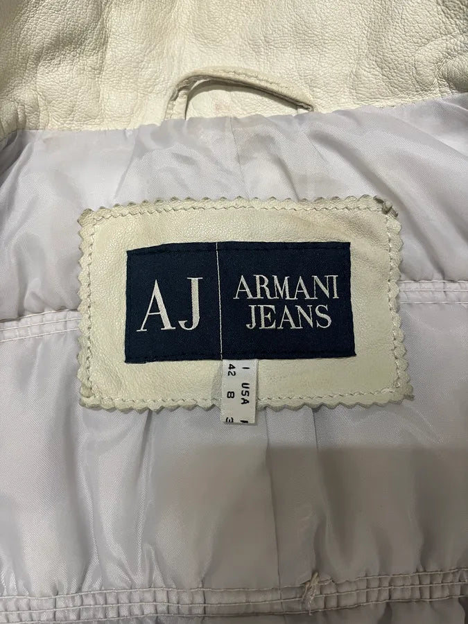 2000s Armani Creamy Leather Puffer Jacket (S/M) 4