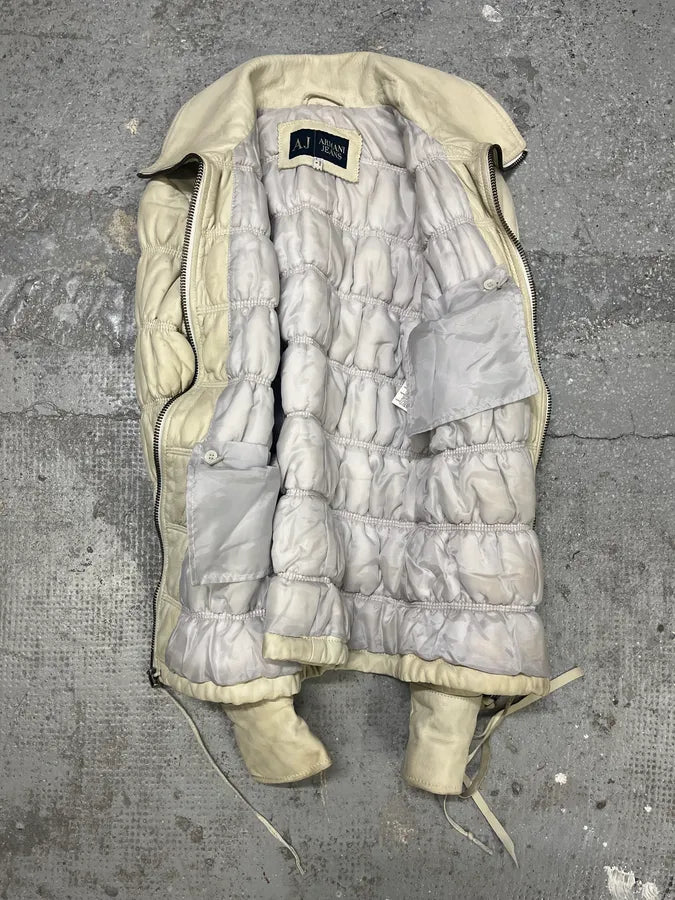 2000s Armani Creamy Leather Puffer Jacket (S/M) 5