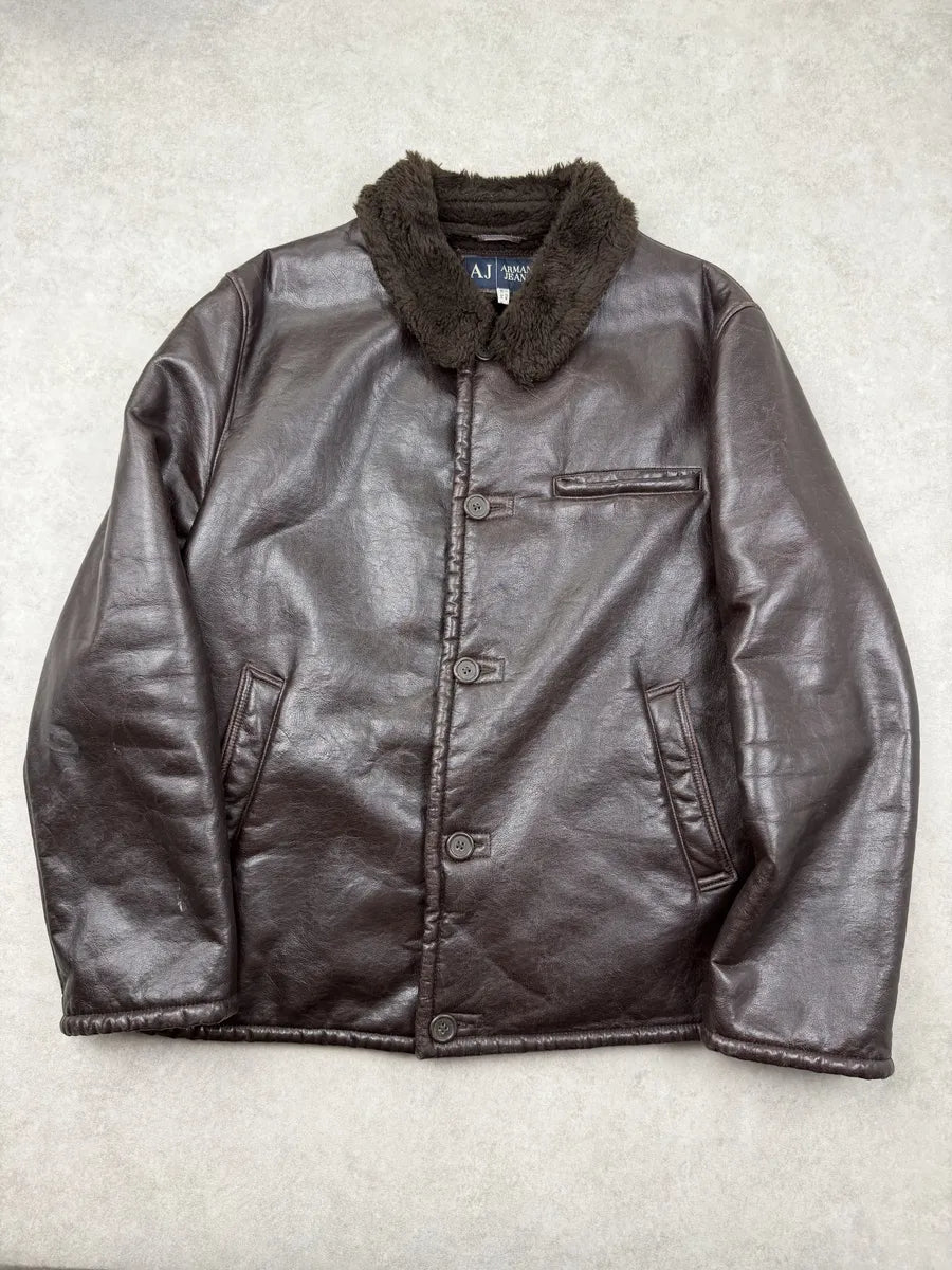 2000s Armani Dark Brown Faux Leather Jacket MXlNtCZ 0
