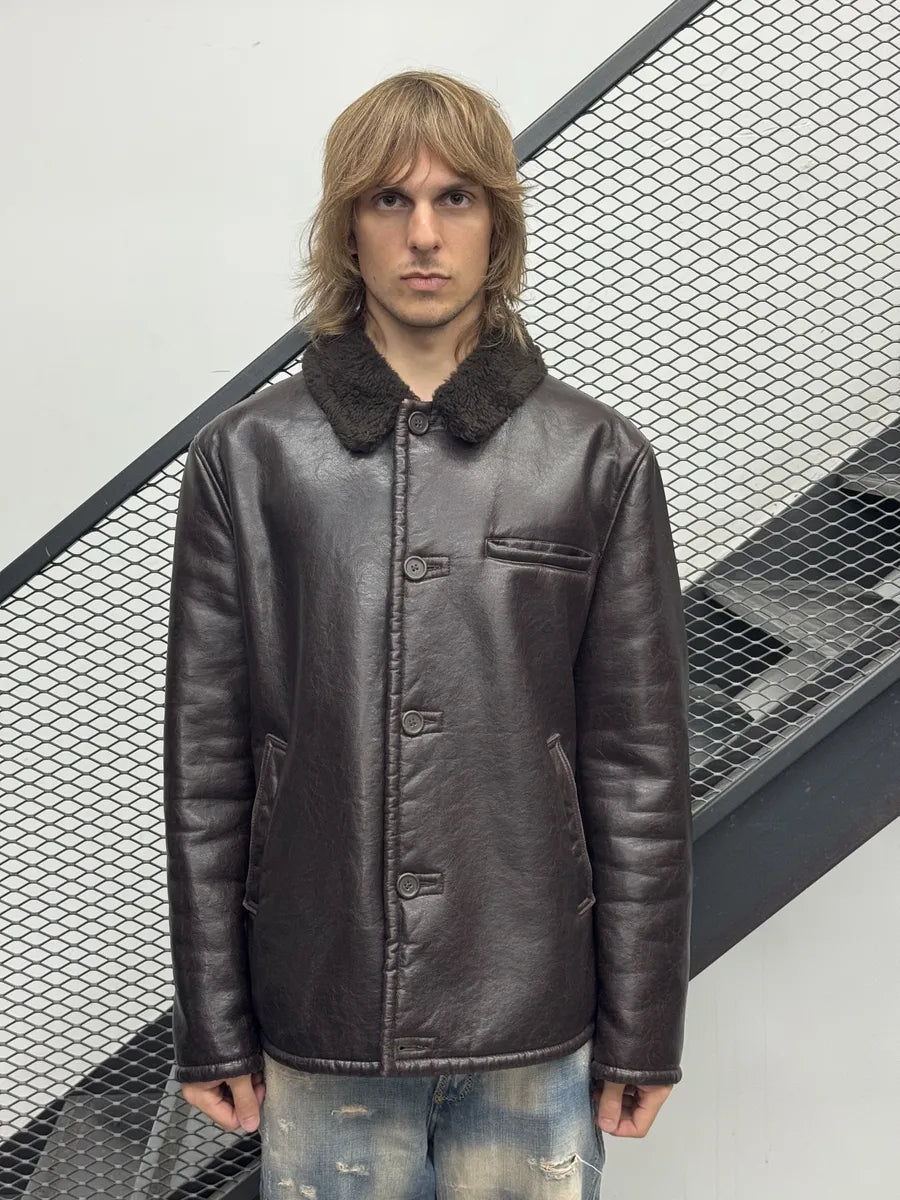 2000s Armani Dark Brown Faux Leather Jacket MXlNtCZ 1