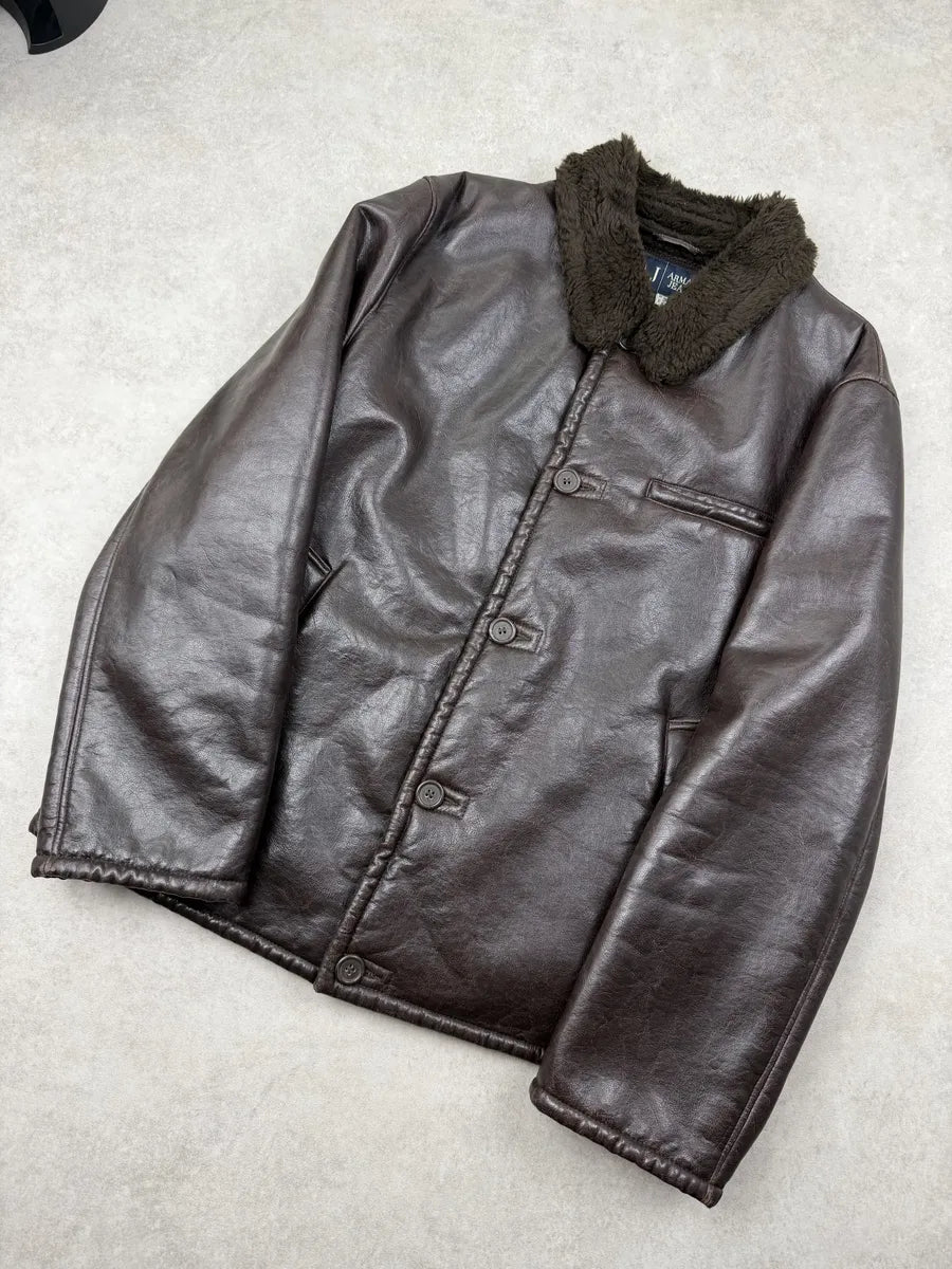 2000s Armani Dark Brown Faux Leather Jacket MXlNtCZ 3