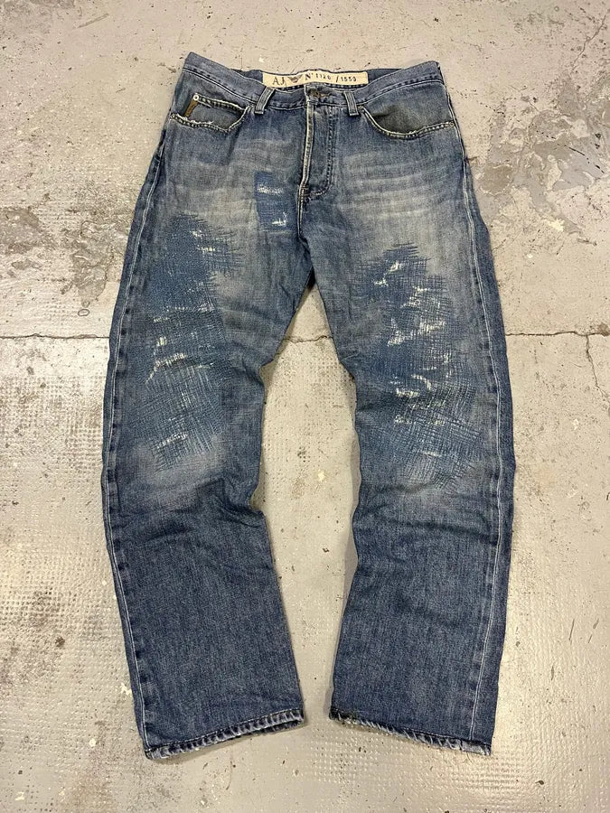 2000s Armani Distressed Reinforced Blue Denim Jeans ffAqBdU 0