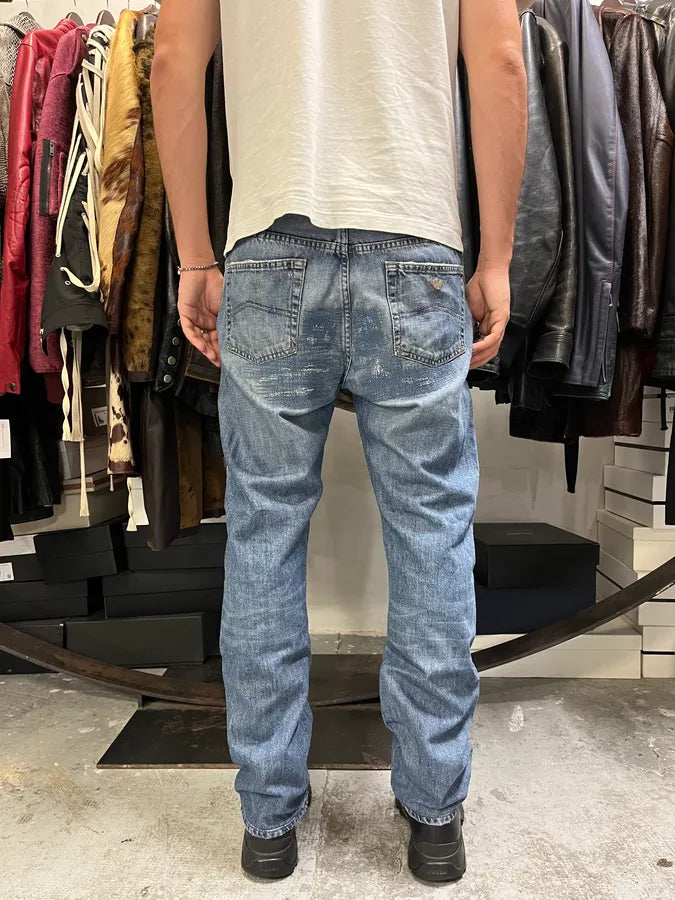 2000s Armani Distressed Reinforced Blue Denim Jeans ffAqBdU 4