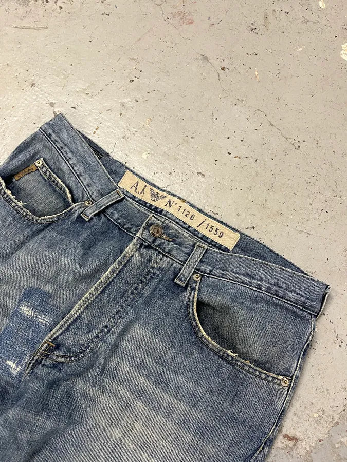 2000s Armani Distressed Reinforced Blue Denim Jeans ffAqBdU 5