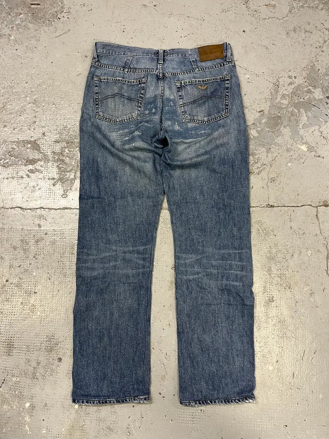 2000s Armani Distressed Reinforced Blue Denim Jeans ffAqBdU 7