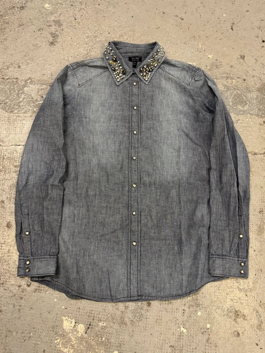 2000s Armani Embellished Collar Buttoned Denim Shirt yDDddwe 0