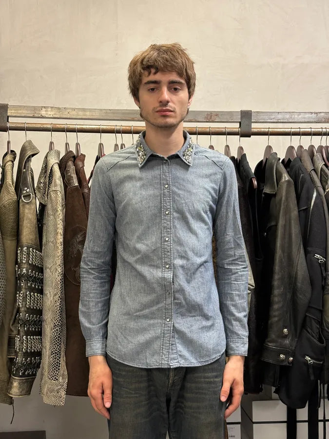 2000s Armani Embellished Collar Buttoned Denim Shirt yDDddwe 1