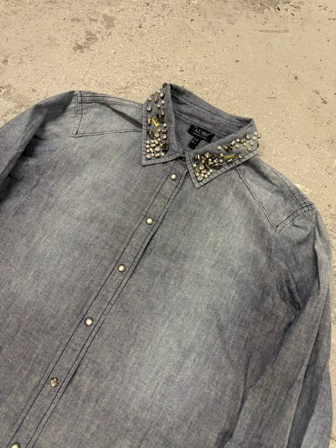 2000s Armani Embellished Collar Buttoned Denim Shirt yDDddwe 3