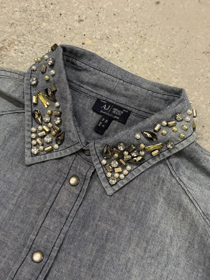2000s Armani Embellished Collar Buttoned Denim Shirt yDDddwe 4