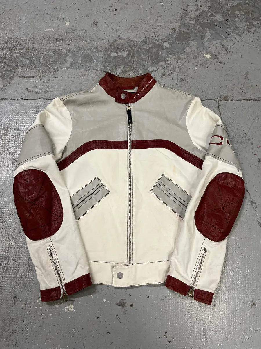 2000s Armani European Ride Red & White Biker Leather Jacket RIKwEWp 0