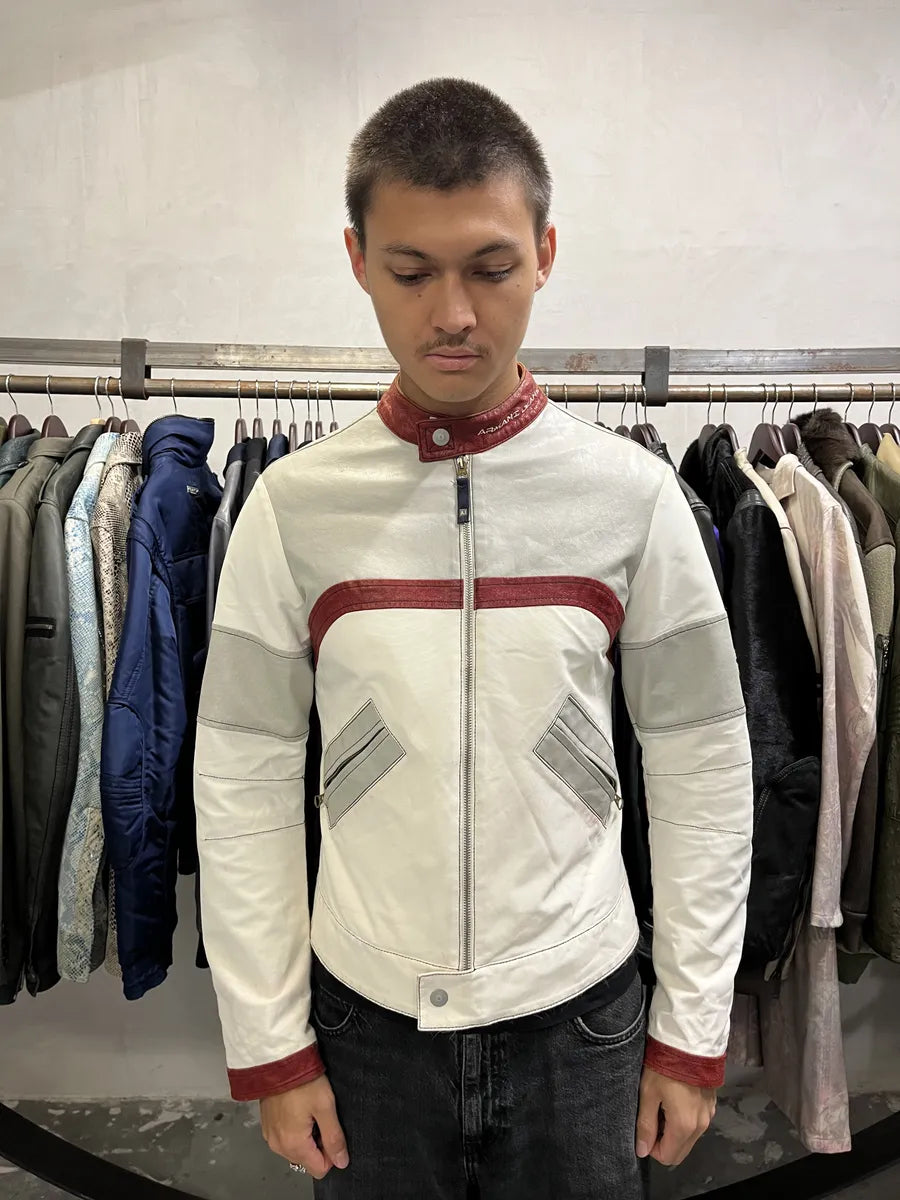 2000s Armani European Ride Red & White Biker Leather Jacket RIKwEWp 1