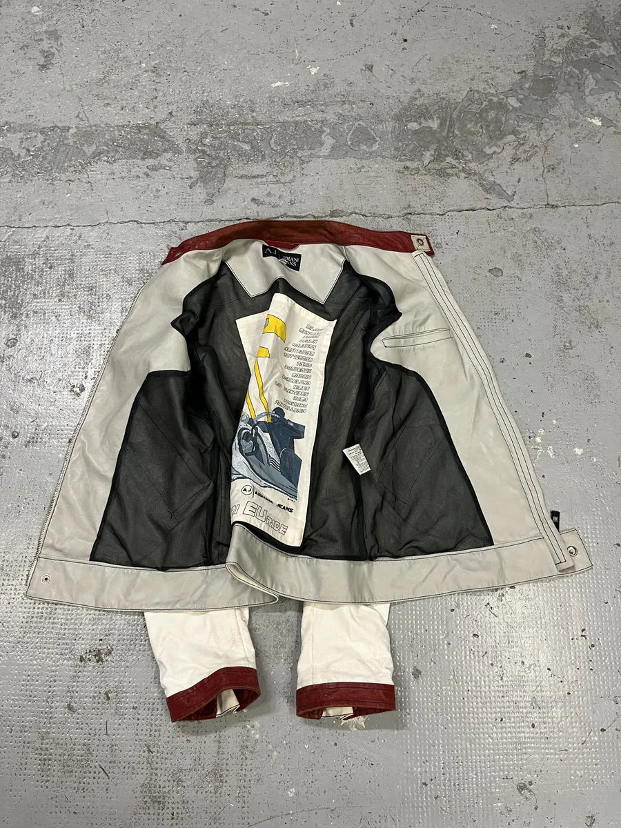 2000s Armani European Ride Red & White Biker Leather Jacket RIKwEWp 12