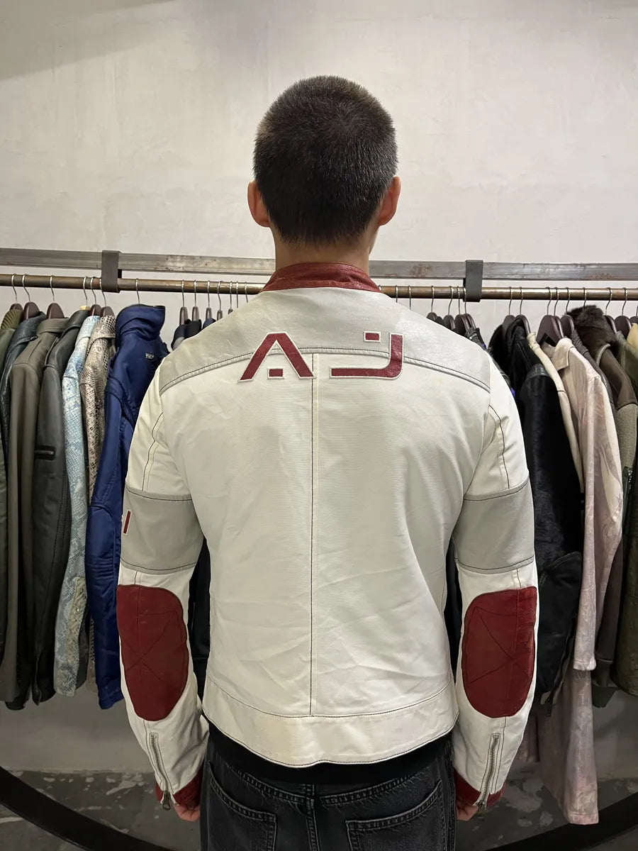 2000s Armani European Ride Red & White Biker Leather Jacket RIKwEWp 2