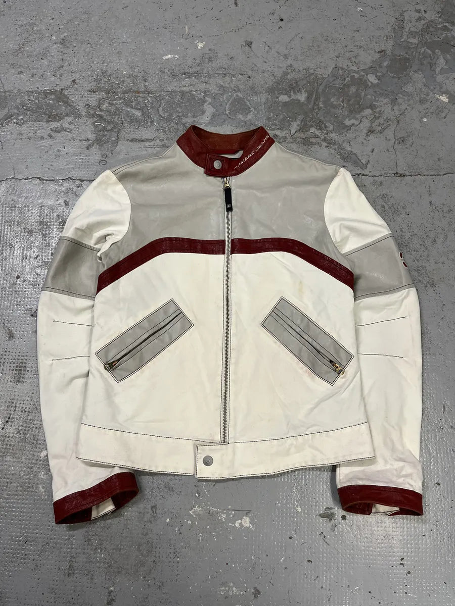2000s Armani European Ride Red & White Biker Leather Jacket RIKwEWp 4
