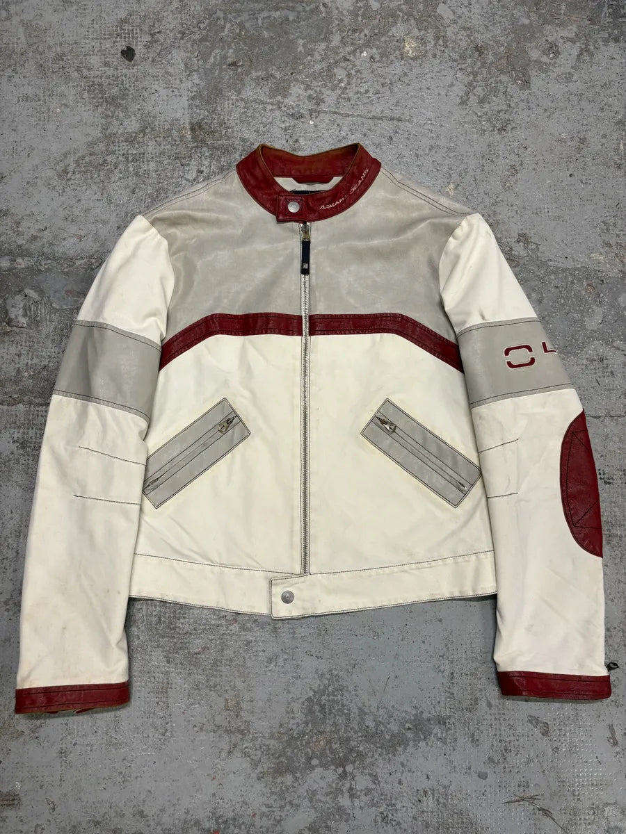 2000s Armani European Ride Red & White Biker Leather Jacket wcEQOnm 0