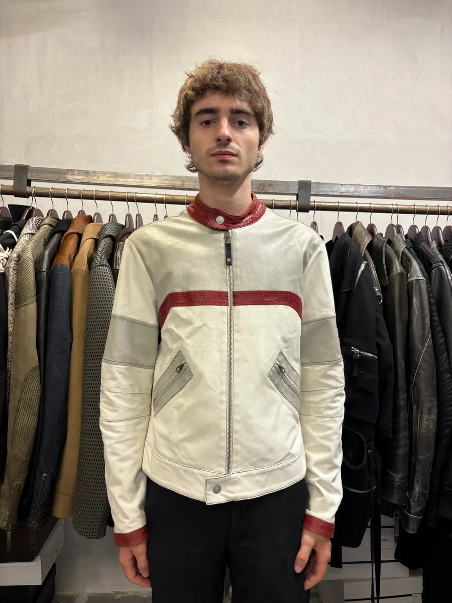 2000s Armani European Ride Red & White Biker Leather Jacket wcEQOnm 3